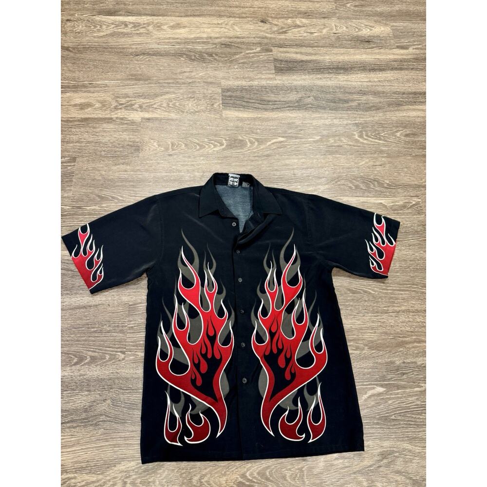 Vintage Shaolin Flame Button Up Shirt XL Black Red Y2K Bowling Rockabilly